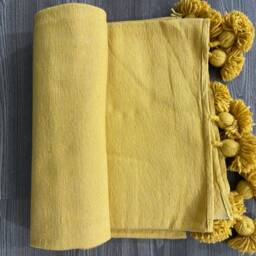 Handmade Mustard Yellow Cotton Moroccan Pom Blanket - thumbnail 3