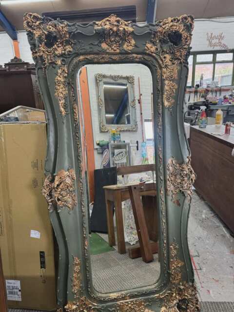 French Louis Ornate Mirror Painted & Gilded Green Gold Leaf - image 1
