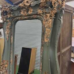 French Louis Ornate Mirror Painted & Gilded Green Gold Leaf - thumbnail 2