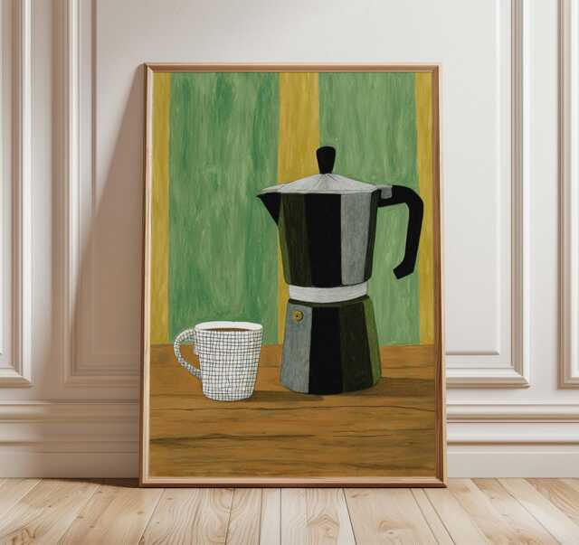 Moka Pot Coffee Poster, Mid Century Kitchen Art, Retro Cafe Print, Minimalist Still Life Artwork, Modern Espresso Wall Decor - image 1