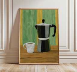 Moka Pot Coffee Poster, Mid Century Kitchen Art, Retro Cafe Print, Minimalist Still Life Artwork, Modern Espresso Wall Decor - thumbnail 1