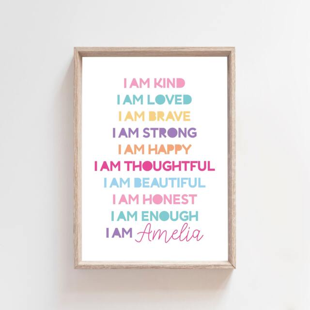 Girls Affirmation Prints, Bedroom Decor, I Am, Positive, Personalised Affirmations, Kids Wall Art, Playroom - image 1