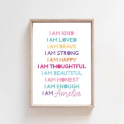 Girls Affirmation Prints, Bedroom Decor, I Am, Positive, Personalised Affirmations, Kids Wall Art, Playroom - thumbnail 1