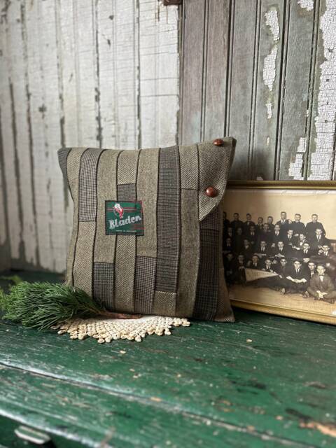 Green Wool Tweed Patchwork Pillow, Recycled, Handmade, Eco Friendly Decor - image 1