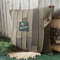 Green Wool Tweed Patchwork Pillow, Recycled, Handmade, Eco Friendly Decor - thumbnail 2