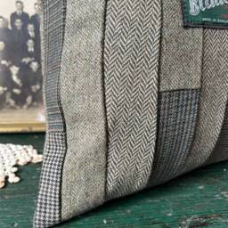 Green Wool Tweed Patchwork Pillow, Recycled, Handmade, Eco Friendly Decor - thumbnail 4