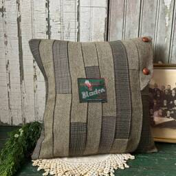 Green Wool Tweed Patchwork Pillow, Recycled, Handmade, Eco Friendly Decor - thumbnail 3