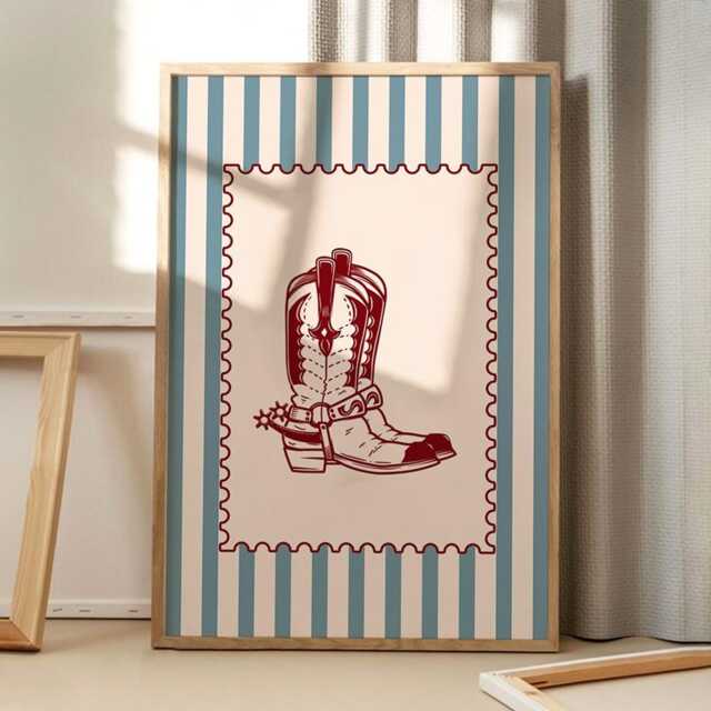 striped Cowboy Boots Art Canvas Poster, Trendy Wall Art, Girls Aesthetic Decor, Retro Home Printed Gift - image 1