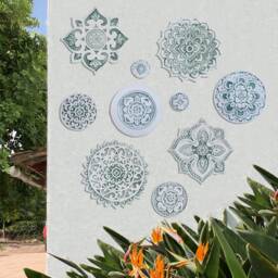 Ceramic Mandala Wall Art Outdoor Garden Decor, Set Of 10, Aqua & White