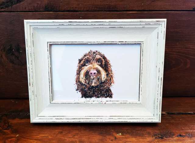 Cockapoo Print 17x12cm - White Rustic Frame - Fluffy Hybrid Wall Art, Gift For Owners - image 1