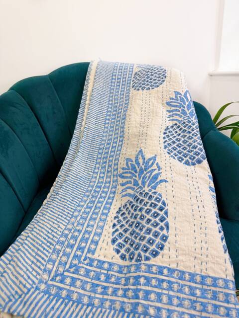 Kantha Stitch Pure Cotton Reversible Bed/Sofa Throw King Size - Tropical Floral Dohar Indian Blankets Summer White Blue Pineapple Stripe - image 1