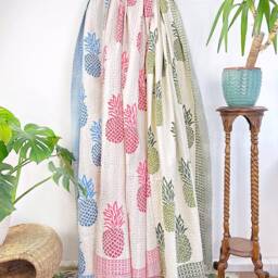 Kantha Stitch Pure Cotton Reversible Bed/Sofa Throw King Size - Tropical Floral Dohar Indian Blankets Summer White Blue Pineapple Stripe - thumbnail 2