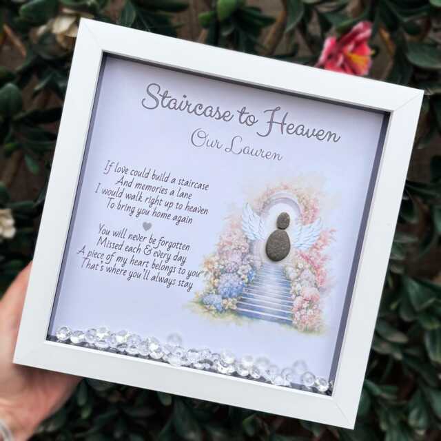 Personalised Pebble Art Rememberance Frame. Staircase To Heaven Poem. Sympathy Gift. Memory Heaven - image 1