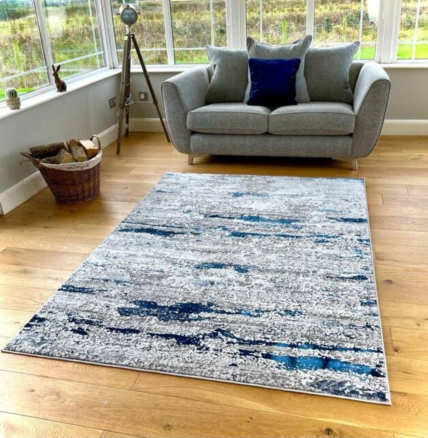 New Modern Navy Silver Grey Cream Metallic Marble Wave Design Rug Colorful Silky Soft Good Quality Floor Area Mats UK - image 1