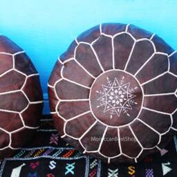 Set Of 2 Moroccan Leather Poufs Boho Living Room Decor - thumbnail 3