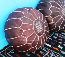 Set Of 2 Moroccan Leather Poufs Boho Living Room Decor - thumbnail 1