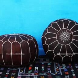 Set Of 2 Moroccan Leather Poufs Boho Living Room Decor - thumbnail 4