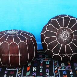 Set Of 2 Moroccan Leather Poufs Boho Living Room Decor - thumbnail 2