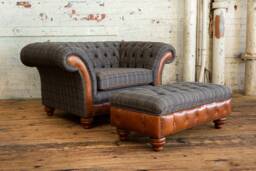 British Handmade 1.5 Seater Tan Tweed With Vintage Leather Chesterfield Snuggle Armchair & Footstool