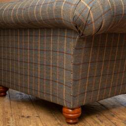 British Handmade 1.5 Seater Tan Tweed With Vintage Leather Chesterfield Snuggle Armchair & Footstool - thumbnail 4