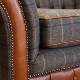 British Handmade 1.5 Seater Tan Tweed With Vintage Leather Chesterfield Snuggle Armchair & Footstool - thumbnail 3