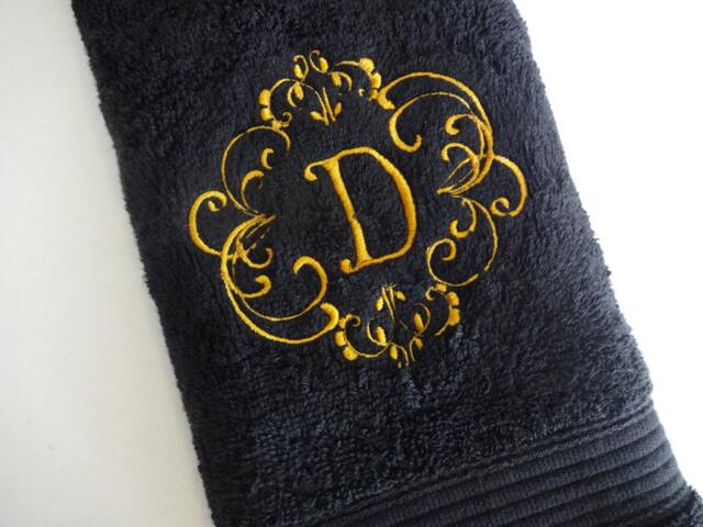 Embroidered Monogram Towel, Black Cotton With Gold Letter - image 1