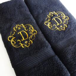 Embroidered Monogram Towel, Black Cotton With Gold Letter - thumbnail 3