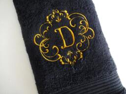Embroidered Monogram Towel, Black Cotton With Gold Letter - thumbnail 1
