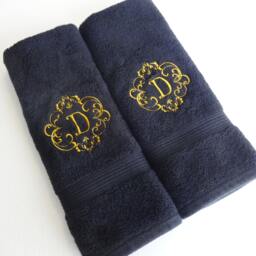Embroidered Monogram Towel, Black Cotton With Gold Letter - thumbnail 2