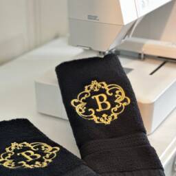 Embroidered Monogram Towel, Black Cotton With Gold Letter - thumbnail 4
