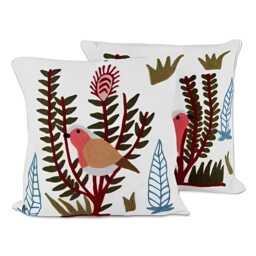 Pair-Floral Bird Embroidered Cushion Cover Set Hand-stitched Wool Pillow