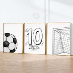 Football Wall Art Set Of 3 - Boys Personalised Name & Number Prints, Bedroom Soccer Posters - thumbnail 2