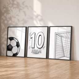 Football Wall Art Set Of 3 - Boys Personalised Name & Number Prints, Bedroom Soccer Posters