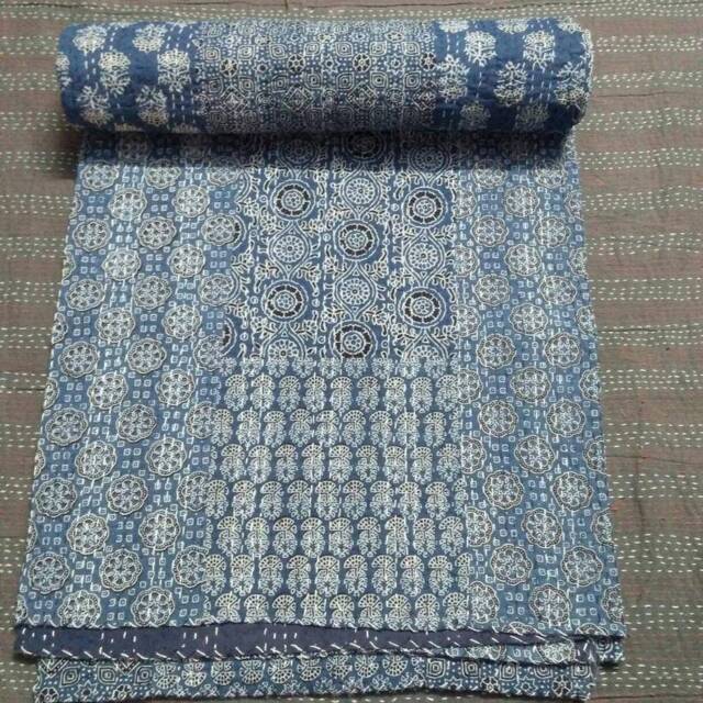 A New Patchwork Pattern Kantha Quilt, Bedspread, Ajarkh Blanket, Throw, Bedcover Queen Size - image 1
