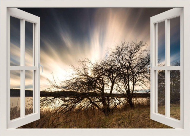 Trees At Sunset Wall Decal, Sun Rise Sticker, 3D Window View Nature Mural, Frame Living Room Home Decor
