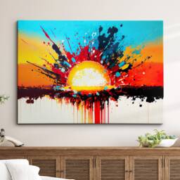 Sunset Beautiful Landscape Abstract Modern Splash Oil Painting Splatter Wall Art, Framed Canvas Poster Print, Home/Office Room Decor Gifts - thumbnail 1