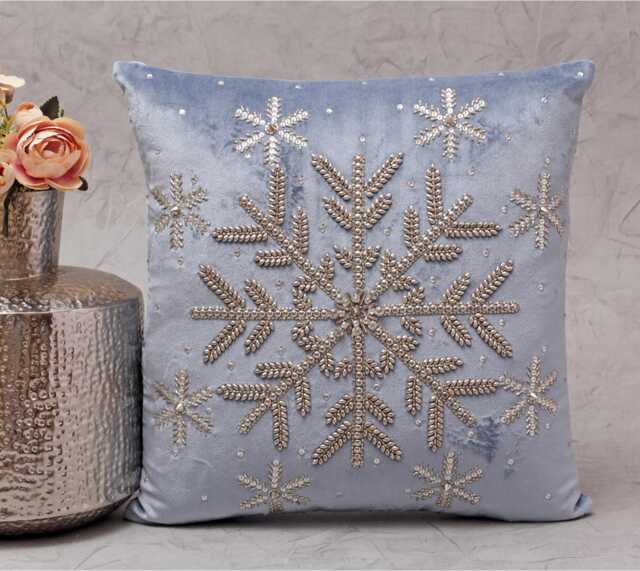 Embroidered Snowflake Pillow Cover, Dusty Blue Velvet, Silver Beads - Bmcc252 - image 1
