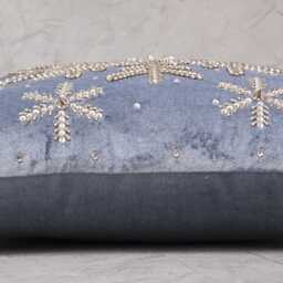 Embroidered Snowflake Pillow Cover, Dusty Blue Velvet, Silver Beads - Bmcc252 - thumbnail 4