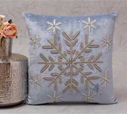 Embroidered Snowflake Pillow Cover, Dusty Blue Velvet, Silver Beads - Bmcc252 - thumbnail 1
