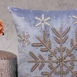 Embroidered Snowflake Pillow Cover, Dusty Blue Velvet, Silver Beads - Bmcc252 - thumbnail 2