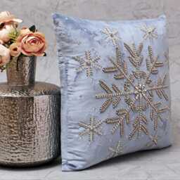 Embroidered Snowflake Pillow Cover, Dusty Blue Velvet, Silver Beads - Bmcc252 - thumbnail 3