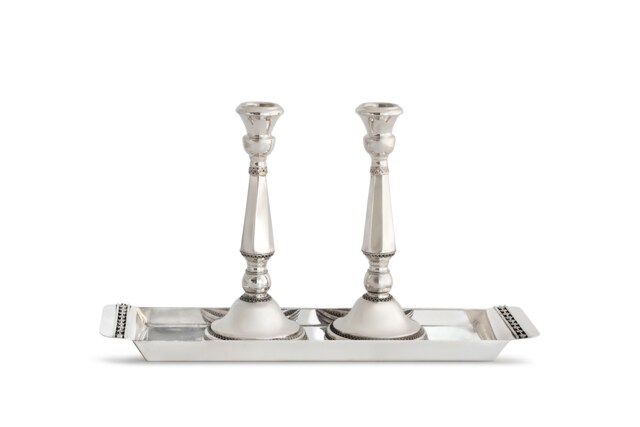 Sabbath Extra Large Sterling Silver Candlesticks & Matching Tray Classic Filigree Rim - Traditional Judaica Wedding Gift - image 1