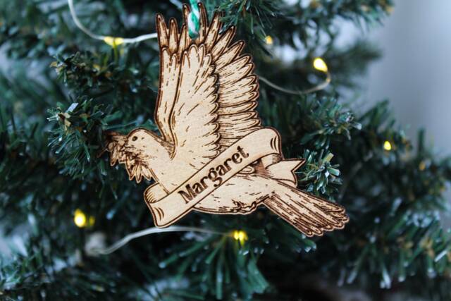 Personalised Christian Christmas Ornament Dove Olive Wood Custom Bauble Laser Engraved Rustic Wooden Name Tree Decoration Irish - image 1