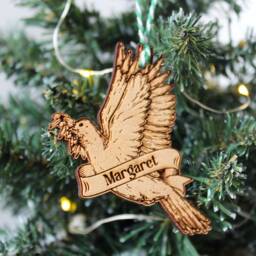 Personalised Christian Christmas Ornament Dove Olive Wood Custom Bauble Laser Engraved Rustic Wooden Name Tree Decoration Irish - thumbnail 3