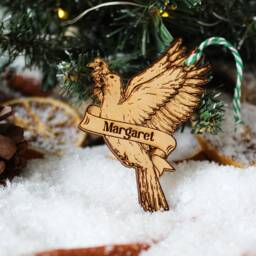 Personalised Christian Christmas Ornament Dove Olive Wood Custom Bauble Laser Engraved Rustic Wooden Name Tree Decoration Irish - thumbnail 2