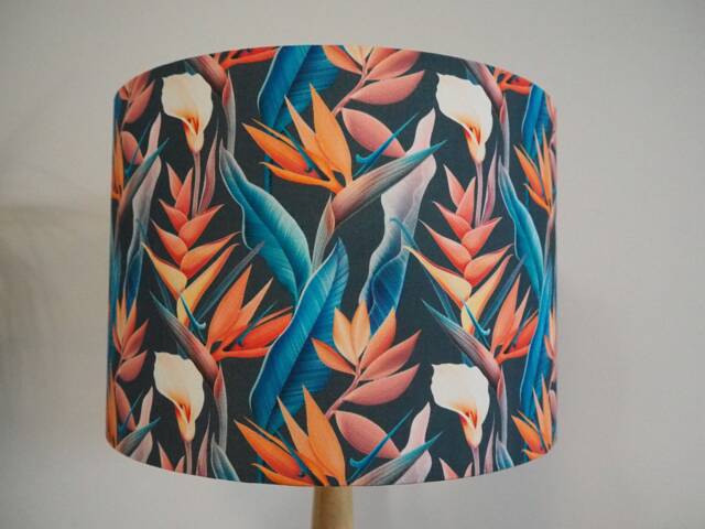 Exotic Flowers Lampshade Orange Green Tropical Flora Leaves Handmade Fabric Drum Lamp Table Floor Or Ceiling Pendant Shade Various Sizes - image 1
