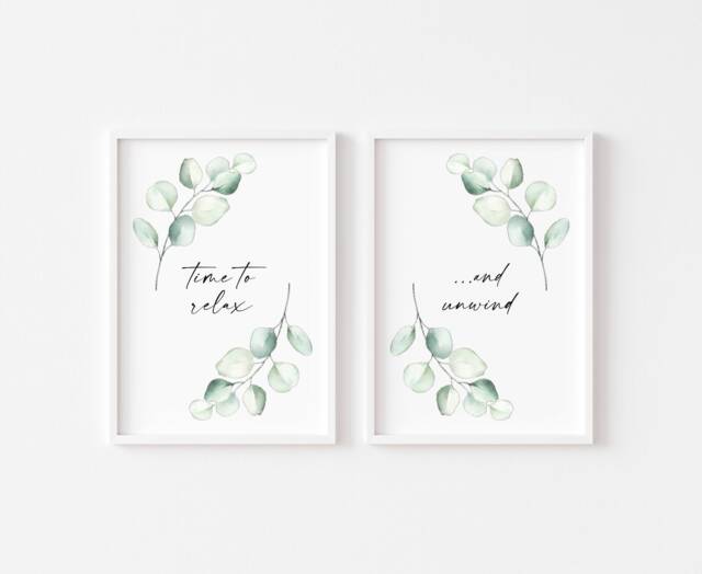 Time To Relax & Unwind - Bathroom Print Prints Set Of 2 Botanical Wall Art Eucalyptus Watercolour Home