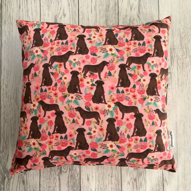 Chocolate Labrador Dog Print Cushion Cover With Pink Floral Design - Home Decor, Home & Living, Decorative Pillow Cover. 38x38cms - image 1