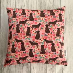 Chocolate Labrador Dog Print Cushion Cover With Pink Floral Design - Home Decor, Home & Living, Decorative Pillow Cover. 38x38cms - thumbnail 1