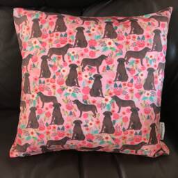Chocolate Labrador Dog Print Cushion Cover With Pink Floral Design - Home Decor, Home & Living, Decorative Pillow Cover. 38x38cms - thumbnail 3